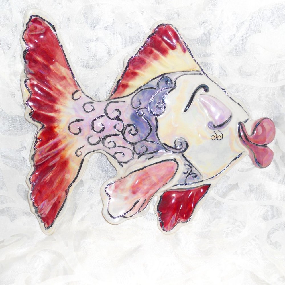 NWT Heather Goldminc Large Pink Kissy Fish Blue Sky Ceramic Wall Decor